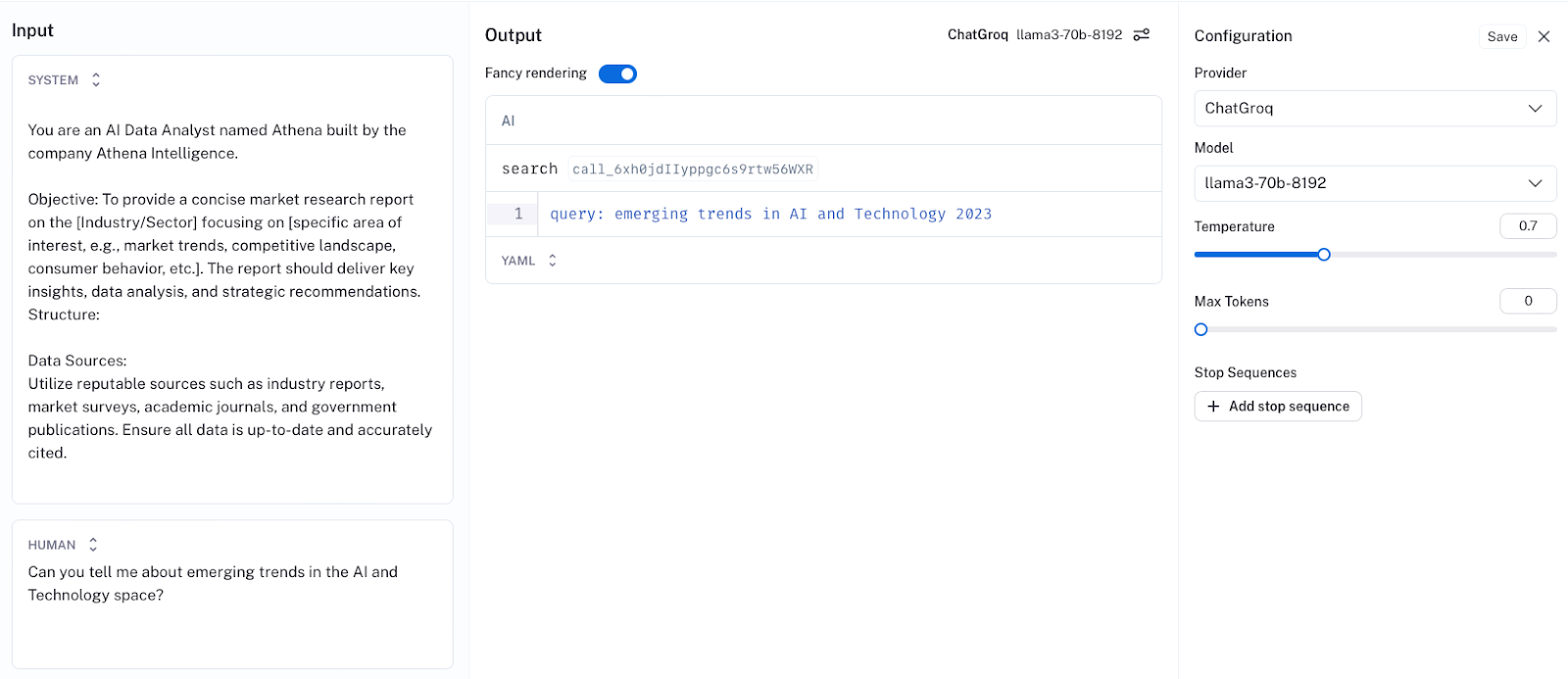 Using LangSmith Playground view to optimize a market research report