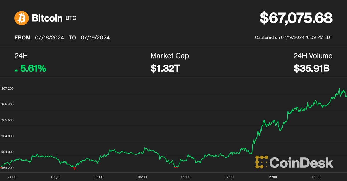 Bitcoin Tops $67K as Cryptos Rally Amid Global IT Outage; Solana’s SOL Leads Altcoins